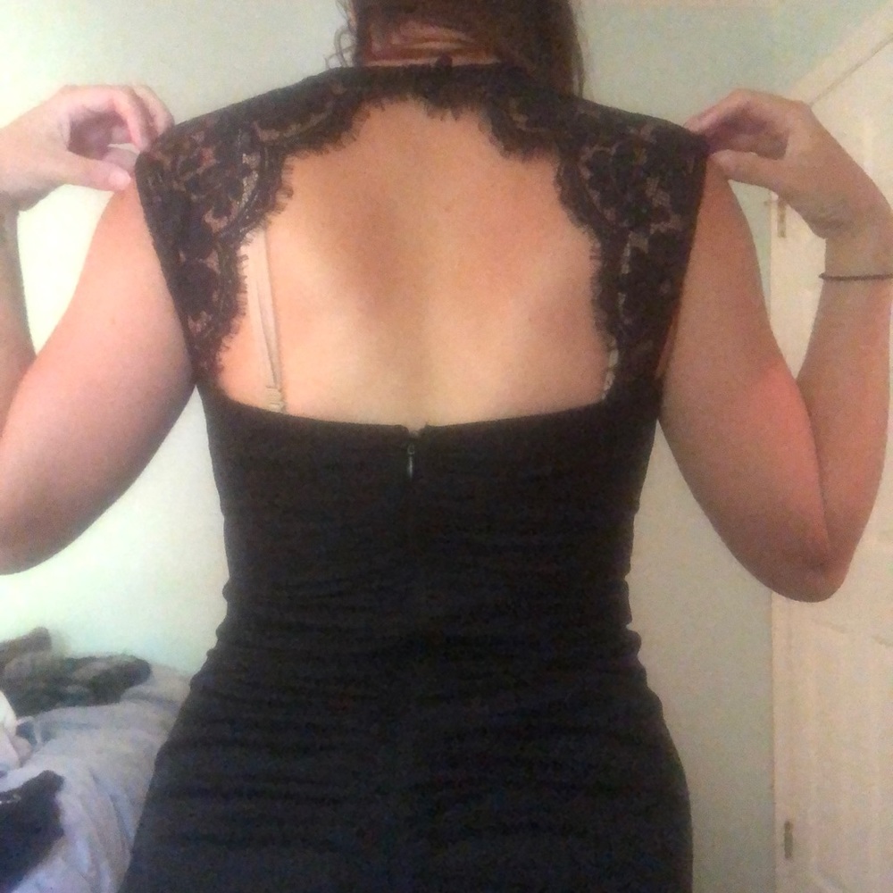 Open back black lace dress with runching